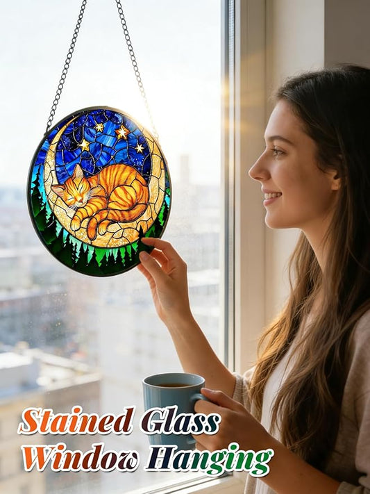 Stained Glass Window Hanging, Orange Sleeping Cat Suncatcher for Door Home Decor Moon Starry Night Sun Catcher Ornament Mother's Day Birthday Gifts for Women Men Mom 6.3 in