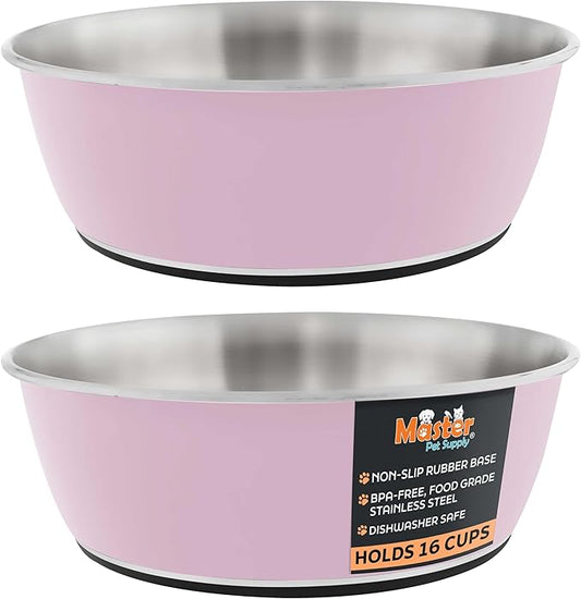 Master Pet Supply Stainless Steel Dog Bowls Set of 2 (128 Oz Each) with Non-Slip Rubber Base - Rose Quartz - Basic Dog Food Bowl Water & Food Bowls for Small Medium Large Dogs & Cats, Metal Dish