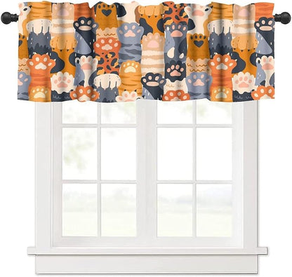 Paw Valances Curtain for Kitchen, Cute Feline Raising Hands While Showing Paw Window Treatment Valances Short Curtains Rod Pocket Drape for Dining Room Home Farmhouse Decor, 54x18inch