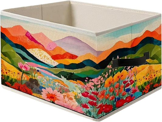 Abstract Maximalist Floral Mountain Storage Bin Box with Handles, Modern Vibrant Wildflower Foldable Organizer Basket Toybox for Girls Room Bedroom Bathroom Clothes Toys Books