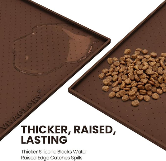 VIVAGLORY Dog Bowl Mat Grippymat Pet Food Mat, Waterproof Washable Nonslip Silicone for Pet & Cat, Food and Water Placemat with Lip & Raised Edges for Indoor Floor, S, Chocolate