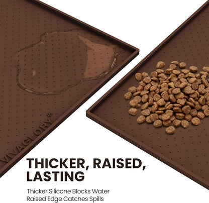 VIVAGLORY Dog Bowl Mat Grippymat Pet Food Mat, Waterproof Washable Nonslip Silicone for Pet & Cat, Food and Water Placemat with Lip & Raised Edges for Indoor Floor, L, Chocolate