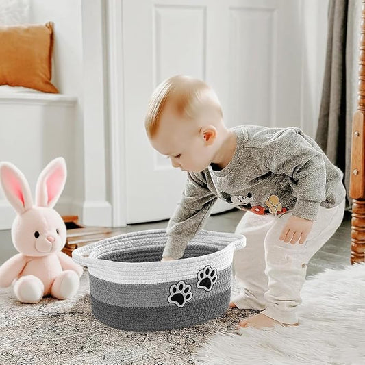 Small Woven Cotton Rope Nursery Organizer Bins, Dog Toy Basket Bins with Handle, Cute Empty Baby Gift Storage Baskets with Paw
