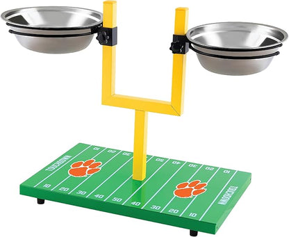 NCAA Clemson Tigers Goalpost Football Field Dog Feeder – Adjustable Elevated Dog Bowls with Stand, 2 Stainless Steel Bowls, Non-Slip Rubber Feet, Raised Pet Feeder for Large & Small Dogs