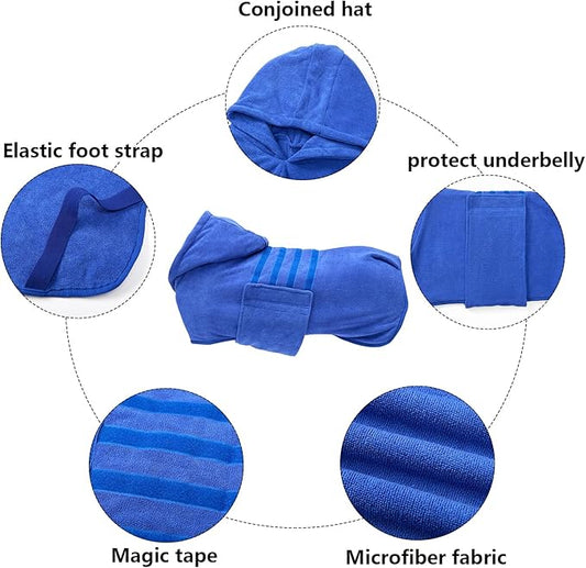 Geyecete Dog Drying Coats with Hood - Absorbent Robe Dry Fast Dog Towel - Microfibre Fast Drying Super Absorbent - Blue - M