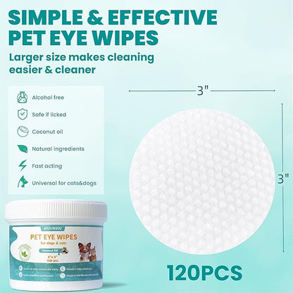 Eyes Wipes for Dogs & Cats 120 Counts, Grooming Kit Care for Dogs and Cats, Prevent Tear Stains, Eye Debris, Discharge, Mucus Secretions,Coconut Scent