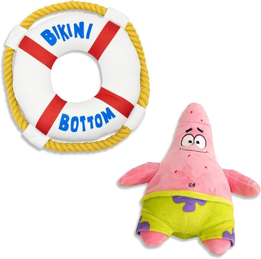 design LAB, Inc. Spongebob Squarepants Official Merchandise | Squeaky Plush Toys for Dogs | 2-Pack Patrick Starfish and Life Preserver | Dog Toys with Squeaker & Rope to Tug and Play