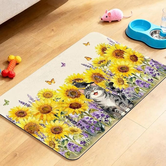 Dog Food Mat for Pet Cat Food Mat, Sunflower Absorbent Quick Dry Dog Bowl Mats for Food and Water, Non-Slip Cat Pet Feeding Mats for Floor Placemats 12"x20"