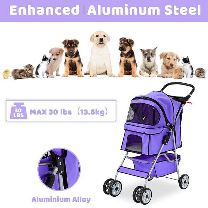 Pet Stroller for Small Medium Dogs & Cats, 4-Wheel Breathable Compact Foldable Dog Carrier with Storage Basket, Outdoor Portable Lightweight Travel Stroller for Camping,Purple