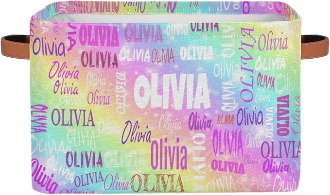 Personalized Kids Toy Box with Name, Custom Nursery Baskets Cubes Box, Kids Custom Storage Basket Laundry Baskets Organizer with Handles, Colorful Rainbow Color
