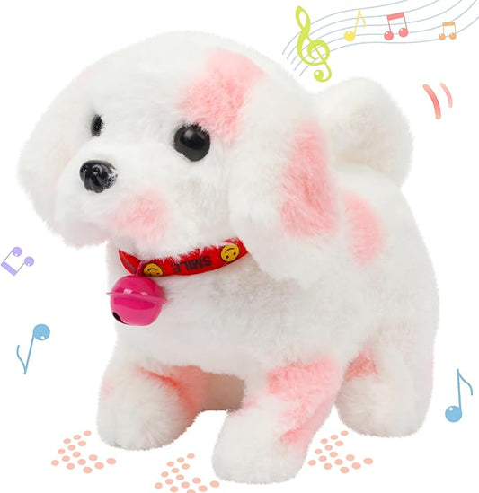 Hopearl Walking Point Dog Interactive Electronic Pet Plush Toy Puppy Woof and Moving Animated Nodding Head Gifts for Toddlers Birthday, Pink, 7''