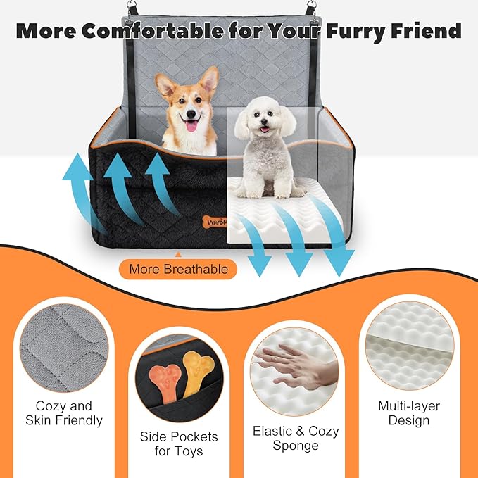 Dog Car Seat for Medium Dog, Dogs Booster Seat Under 50Lbs or 2 Small Dogs Washable, Pet Car Seats with 2 Safety Leashes, Pets Sofa Bed Cushion Add Thick Sponge, Pet Cars Carrier for Travel
