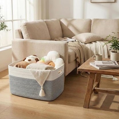 Woven Blanket Basket,65L Large Storage Bin for Blankets Toys Clothes,Decorative Rope Basket for Living Room Bedroom with Handles, White&Grey