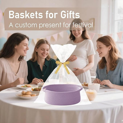 Woven Basket,Small Rope Storage Bin with Handles & Ribbon Bag, Organizer for Shelves Closets,Gift Basket Empty for Birthday,Books,Dog Toys, Purple