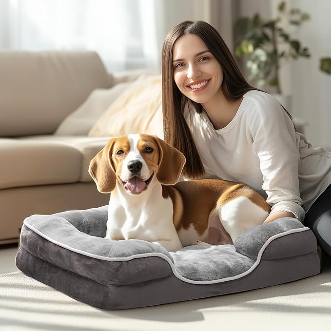 DUMOS 35x25 Inch Orthopedic Dog Beds for Large Sized Dogs, Machine Washable Cover Pet Bed, Anti-Slip Waterproof Memory Foam Couch Bed for Indoor Dogs and Cats, Grey