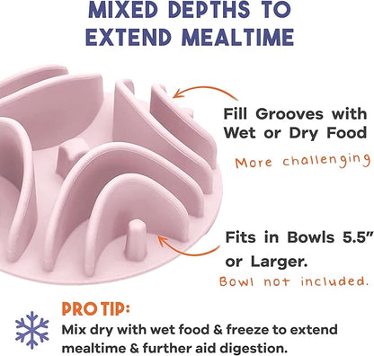 Awoo Great Vibes - Silicone Slow Feeder for Dog Bowls Over 5.5 Inches - Non-Slip, Wet and Dry Food-Compatible Pet Dish with Suction Cups - Extends Mealtime for Fast Eaters - Dishwasher Safe (Mauve)