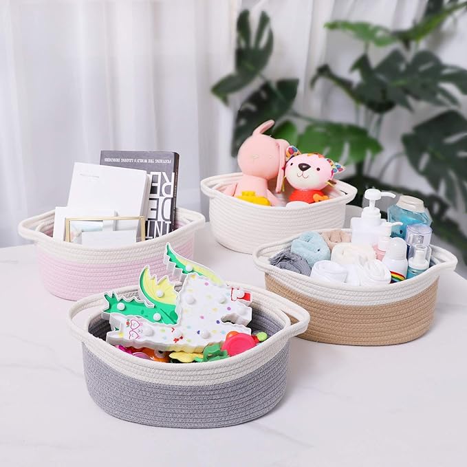 ABenkle Small Basket with Handles, Boho Decorative Rope Woven Dog Cat Toy Storage Bin Shelf Storage Organizer, Easter Christmas Gift Basket, 12"x8"x5", Grey
