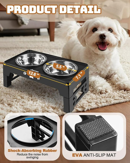Elevated Dog Bowls for Small Dogs and Cats, Dog Feeder with 2 Thick 5.5" Stainless Steel Dishes, Non-Slip 2 Heights Adjustable to 2.6"-5.3"