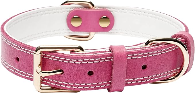 Dog Collar,Genuine Leather Heavy Duty Dog Collar for Small, Medium,Large and Extra Large Dogs (L: 1.2" Wide for 16.2"-22" Neck,Dual Stitch - Pink)
