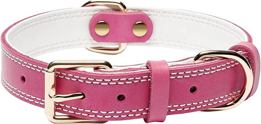 Genuine Leather Dog Collar, Heavy Duty Wide Dog Collar for Small, Medium,Large Dog and Extra Large Dog (S: 0.8" Wide for 13.4"-15.8" Neck, Dual Stitch - Pink)