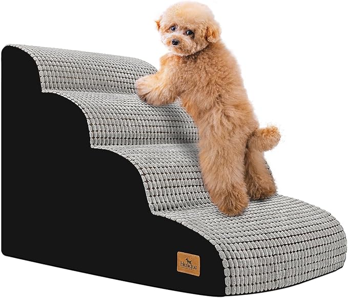 Dog Stairs for Small Dogs, 20.5" H 4 Step Curved Dog Ramp for High Bed and Couch, Foam Dog Ramp with Durable Non-Slip Waterproof Fabric Cover, Pet Stairs for Pets Joints, Light Grey
