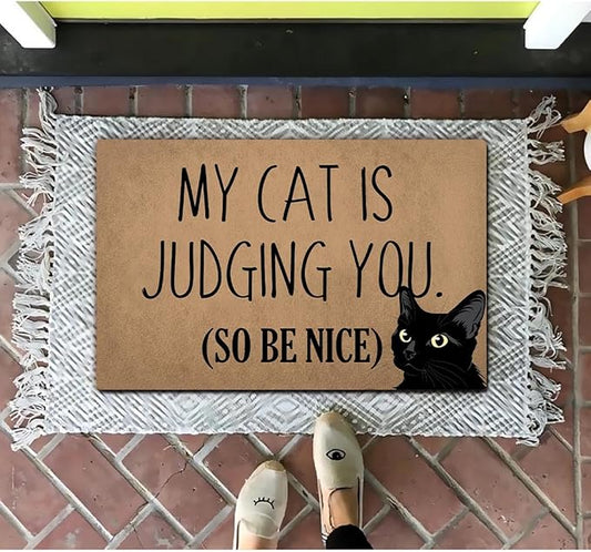 Funny Welcome Doormat (23.7 in X 15.6 in) Anti-Slip Rubber Back Entrance Way Indoor Front Porch Decor Rugs House Warming Gift (My Cat is Judging You So Please Be Nice Peeking Cats)