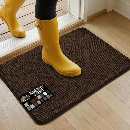 GORILLA GRIP SoakSTOPPER Dog Door Mat, 30x20 Machine Washable Rug Absorbent Doormat Captures Moisture Mud Dirt, Quick Dry Soft Chenille Entryway Rugs Indoor Entrance Mats for Dog Paws, Brown