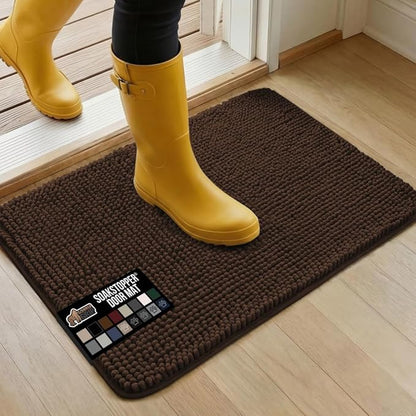 GORILLA GRIP SoakSTOPPER Dog Door Mat, Machine Washable Rug Absorbent Doormat Captures Moisture Mud Dirt, Quick Dry Soft Chenille Entryway Rugs Indoor Entrance Mats for Dog Paws, 24x17 Brown