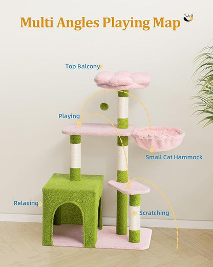 Aechonow Flower Cat Tree for Indoor Cats, 2-Door Large Cat Condo Cave Bed for Big Adult Cats, 41.2'' Cute Cat Tower with Scratching Posts, Cozy Floral Perch and Hammock for Kittens, Green Pink