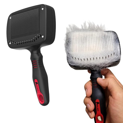 Premium Self-Cleaning Dog & Cat Grooming Brush – 2-in-1 Slicker & Undercoat Rake for Medium to Long Fur – Dual-Action Pet Hair Removal & De-Shedding Comb with Comfort Grip – Black/Red