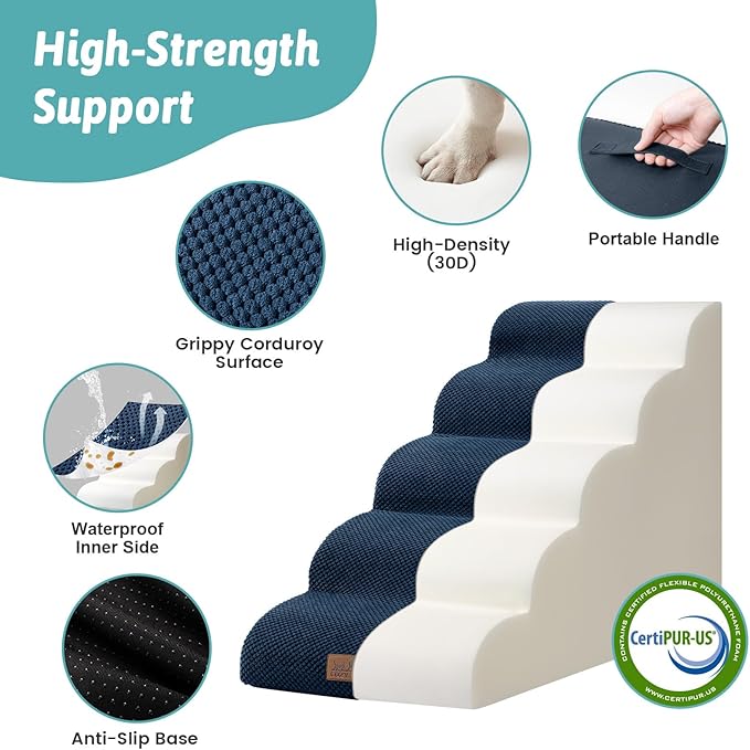 Wide Dog Stairs for Small Dog 22.6" H, Curved Pet Step for Puppy, Older Cat, Curved Ramp for High Bed or Car, Ladder with High Density Foam, Durable, 5 Step, 17.7x33x22.6 inch, Navy Blue