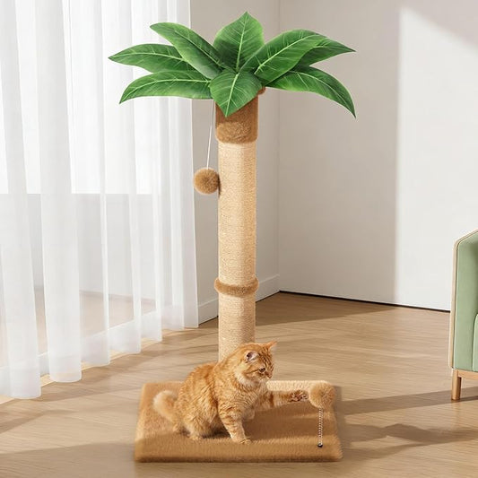 XiaZ Cat Scratching Post 34'' Tall, Cat Scratchers Tree Tower for Indoor Kitty with Extra Wide 15.8" Stable Base and 2 Toy Balls, Natural Sisal & Plush Fabric for Small, Medium Cats (Brown, 2.8in)
