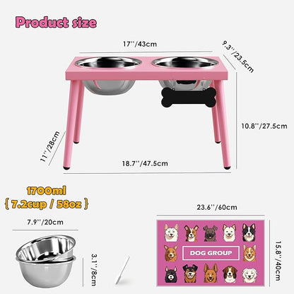 Raised Dog Bowl Stand for Large Medium Dogs, Elevated Dog Bowls with Sprill Proof Mat &Two 58OZ Stainless Steel Bowls,Pink