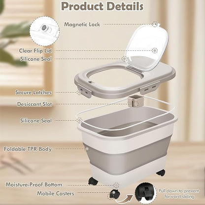 Collapsible Dog Food Storage Container, 20Lbs Airtight Rice Flour Container, Large Pet Cat Food Storage Dispenser Bin with Rolling Wheels, Scoop & Measuring Cup, Kitchen Cereal Dry Food Holder (Khaki)