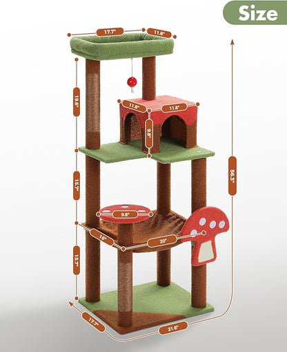 MUTTROS Mushroom Cat Tree Tower with Removable Scratcher, Large Hammock, Condo, Perch, 3 Sisal Posts – Multi-Level Cat Tree for Indoor Cats, Cute Cat Tower for Small Space Homes