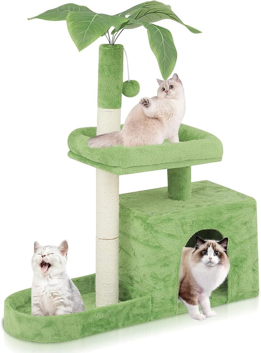 Magshion 32" Cat Tree for Kittens and Senior Cats, Small Cat Tower with Green Leaves, Scratching Posts, Cozy Condo, Low Perch & Fluffy Balls, Stable Cat House with Leaf Design