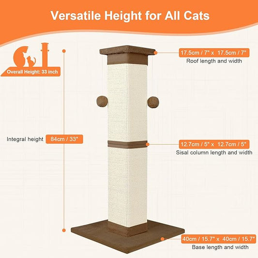 SOCATER Cat Scratching Post 33 Inch Nature Sisal Cat Scratch Post for Indoor Cats, Large Cat Scratcher Protect Your Furniture, for All Breeds Brown
