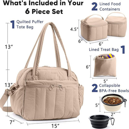 Dog Travel Bag for Supplies, Airline Approved Pet Travel Organizer with 2 Food Containers & Collapsible Bowls, Large Capacity Dogs Tote Bag for Weekend, Stylish Dog Mom Gift for Pet Lovers