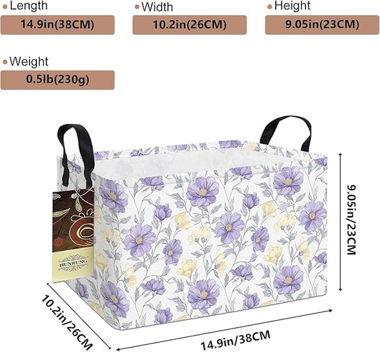 HUNRUNG Rectangle Storage Basket Cute Canvas Organizer Bin for Pet/Children Toys, Books, Clothes Perfect for Rooms(REC-Purple Flowers)