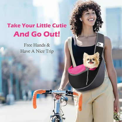 Pawaboo Dog Sling Carrier, Hand Free Breathable Mesh Bag for Puppy Cat, Drawstring Dog Papoose with Adjustable Strap and Pocket, Crossbody Satchel Dogs Purse for Outdoor Travel, S, Magenta