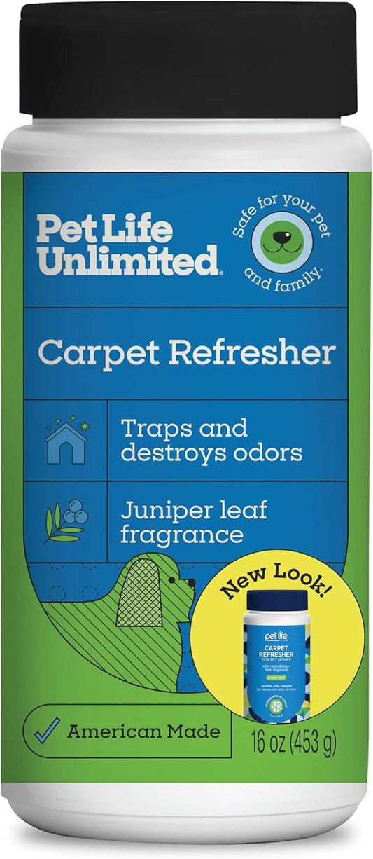 Pet Life Unlimited Carpet Deodorizer Powder, 16 oz, Strong Pet Odor Eliminator & Carpet Freshener, Plant-Based Juniper Leaf Scent, Pet Safe (Pack of 1)