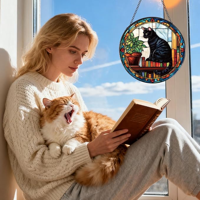 Black Cat Stained Glass Window Hanging Gifts for Women, 7.8″ Book Suncatchers for Indoor Window Decor, Decorative Sun Catchers Home Wall Art Gift for Thanksgiving Christmas Housewarming