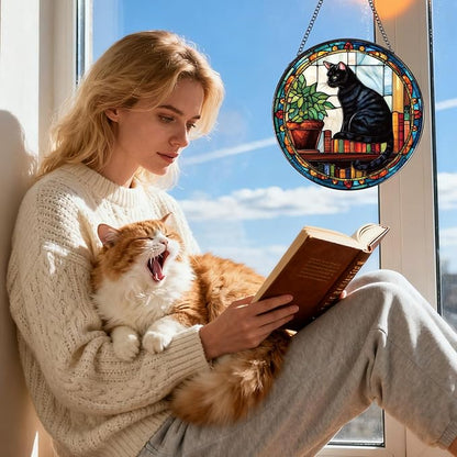 Black Cat Stained Glass Window Hanging Gifts for Women, 7.8″ Book Suncatchers for Indoor Window Decor, Decorative Sun Catchers Home Wall Art Gift for Thanksgiving Christmas Housewarming