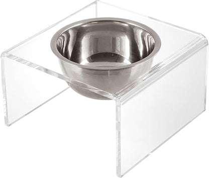 The LICKER Store DBL2002A Keaton 5" Small/Medium Modern Acrylic Rectangular Elevated Pet Feeder with 20oz 1-Stainless Steel Bowl, Clear/Chrome