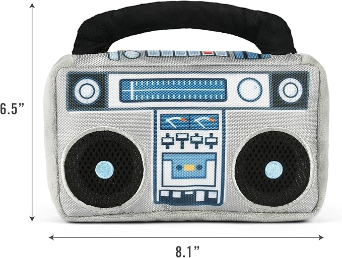 P.L.A.Y. Cute Plush Dog Toys - 1980s Classics Themed Durable Squeaker 2-in-1 Chew Toy, Great for Puppies & Small, Medium, Large Dogs - Machine Washable, Recycled Materials (Boop Box Boombox & Casette)