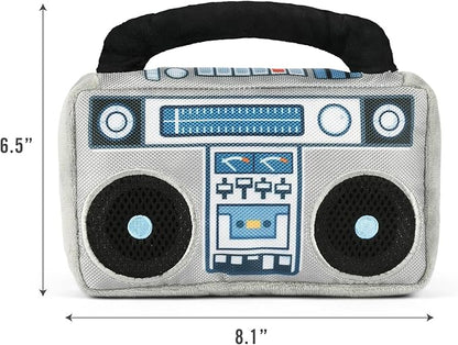 P.L.A.Y. Cute Plush Dog Toys - 1980s Classics Themed Durable Squeaker 2-in-1 Chew Toy, Great for Puppies & Small, Medium, Large Dogs - Machine Washable, Recycled Materials (Boop Box Boombox & Casette)