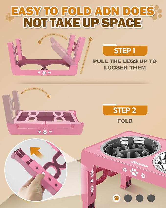 Elevated Dog Bowls, Non-Slip Dog Feeder with 1*Stainless Steel Dishes & 1*Slow Feeder Bowl, 5 Heights Adjustable Raised Bowls for 3.15″-8.66″-9.84″-11.02″-12.2″