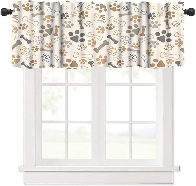 Paw Valances Curtain for Kitchen, Brown Beige Dog Paw Bone Window Treatment Valances Short Curtains Rod Pocket Drape for Dining Room Home Farmhouse Decor, 54x18inch