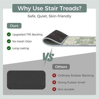 Non Slip Stair Treads for Wooden Steps 15PCS - 8"x30" Indoor Safety Carpet, Edging Mats with TPE Adhesive Backing, Pet and Elderly Friendly Stair Rugs (Mint&Green)