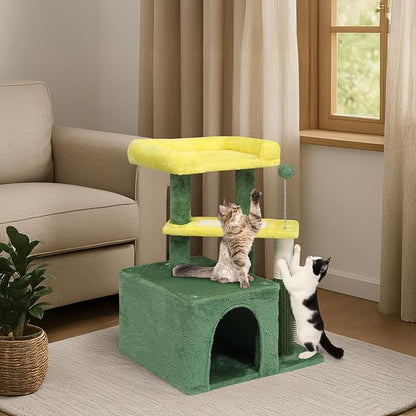 Outvita Cat Tree 27.5in Small Cat Tower, Multi-Level Cat Tree Tower with Cat Scratching Post and Pad, Cozy Cat Condo, Padded Top Bed for Kittens and Indoor Cats, Yellow & Green
